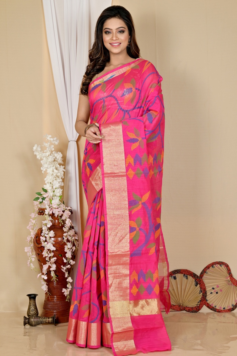Pink Blended Cotton Narento Hand Loom Saree (1735)