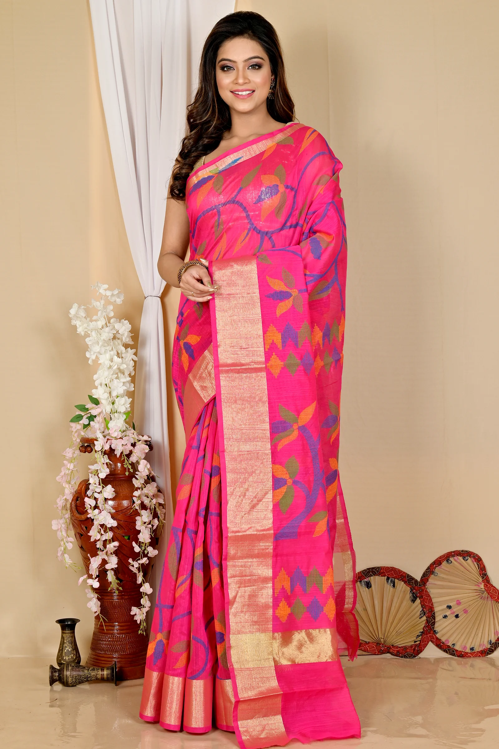 Pink Blended Cotton Narento Hand Loom Saree (1735)