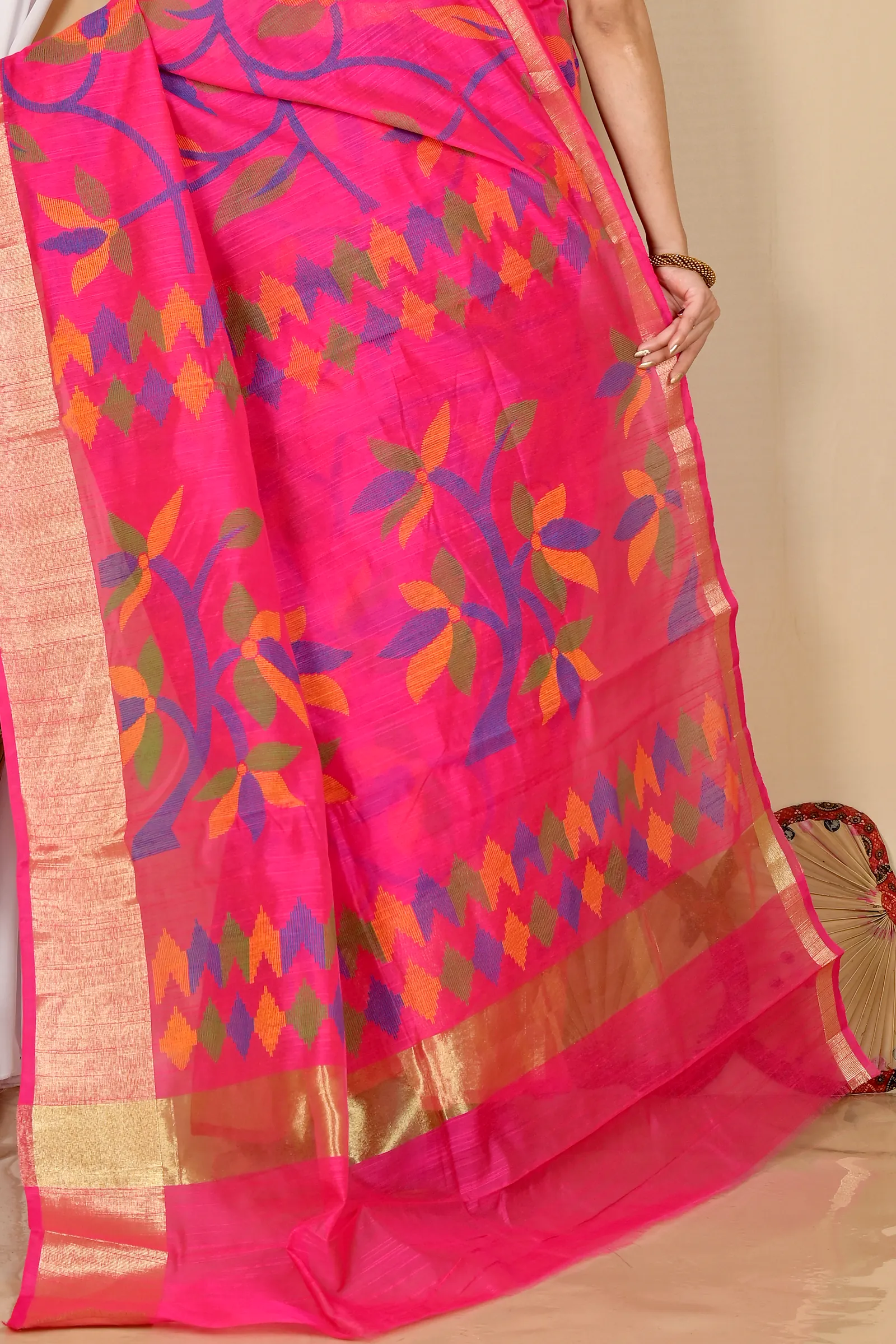 Pink Blended Cotton Narento Hand Loom Saree (1735)