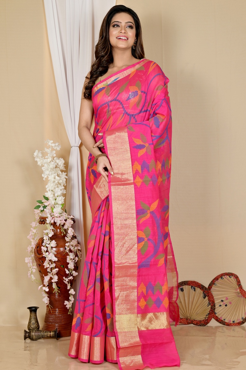 Pink Blended Cotton Narento Hand Loom Saree (1735)