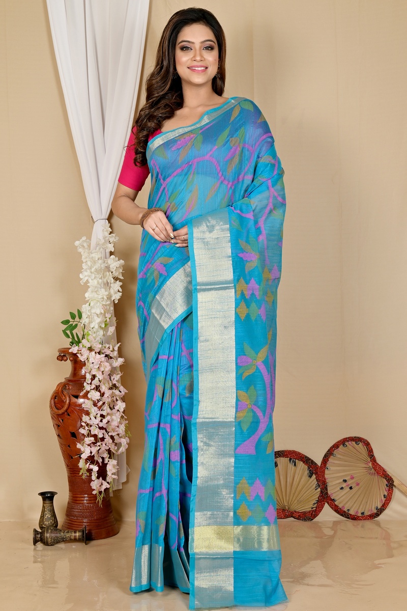 See Blue Blended Cotton Narento Hand Loom Saree (1736)
