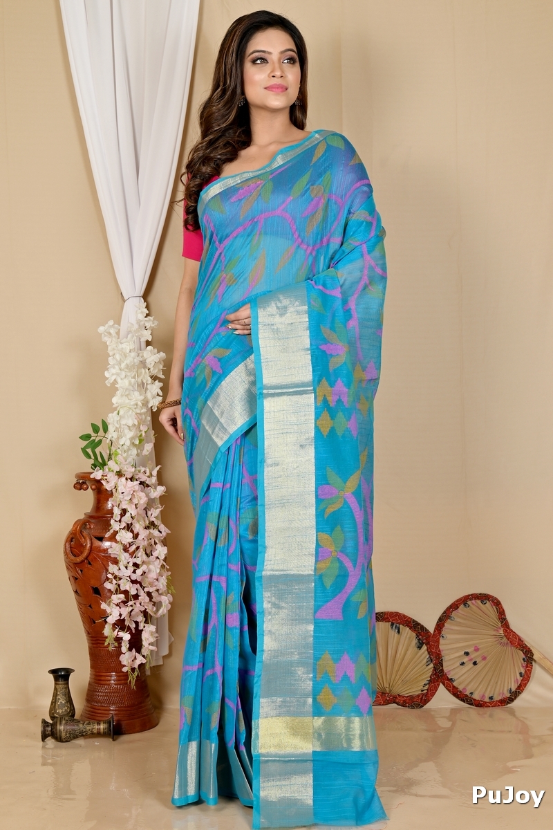 See Blue Blended Cotton Narento Hand Loom Saree (1736)