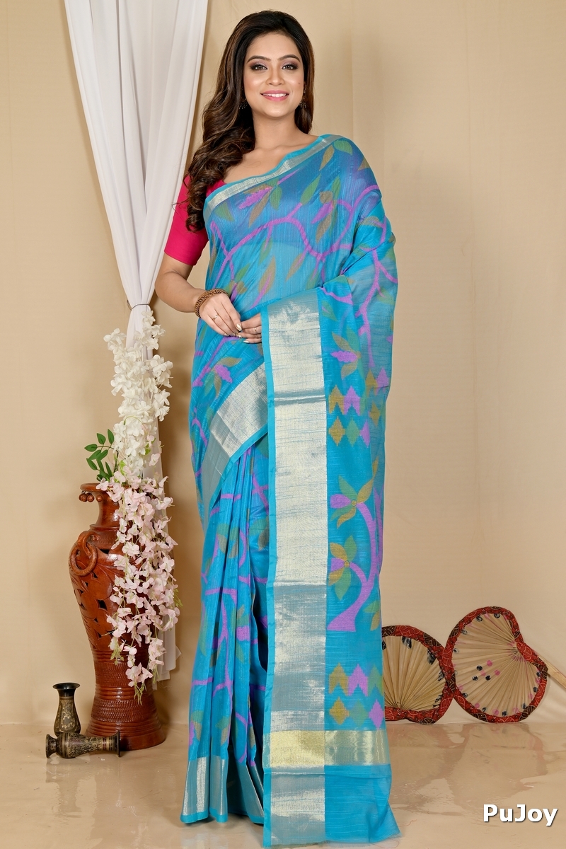 See Blue Blended Cotton Narento Hand Loom Saree (1736)