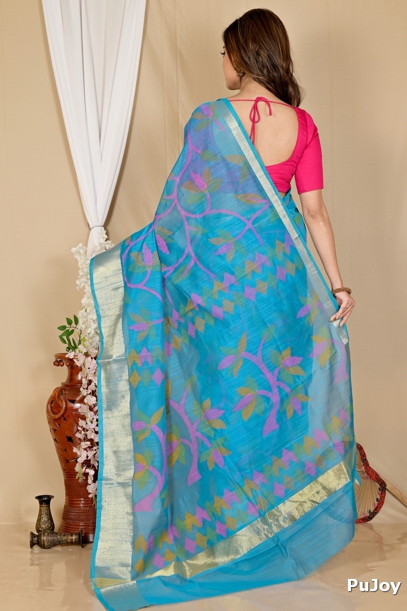 See Blue Blended Cotton Narento Hand Loom Saree (1736)