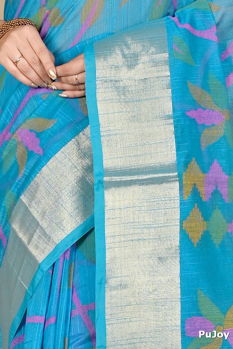 See Blue Blended Cotton Narento Hand Loom Saree (1736)