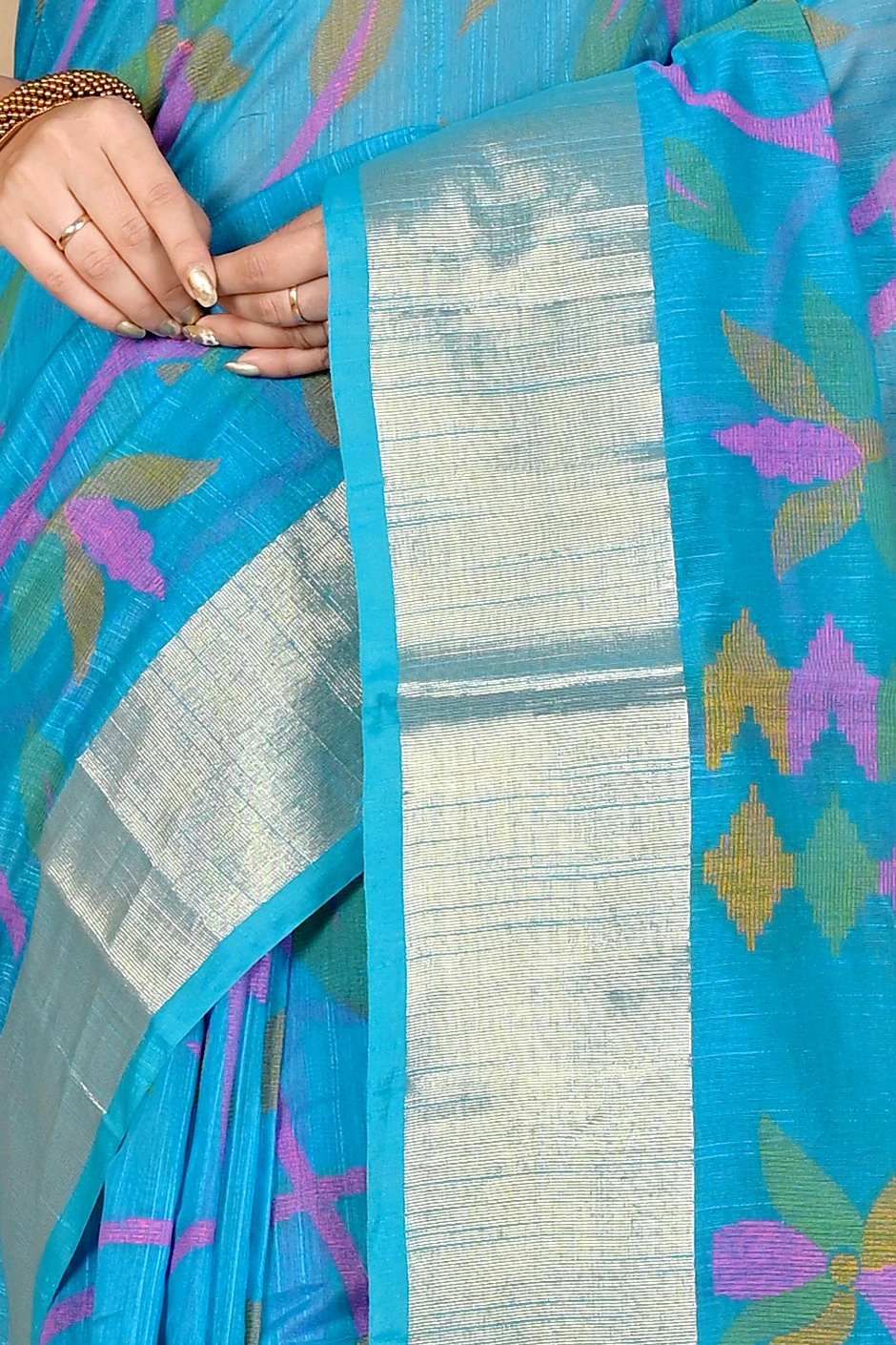 See Blue Blended Cotton Narento Hand Loom Saree (1736)