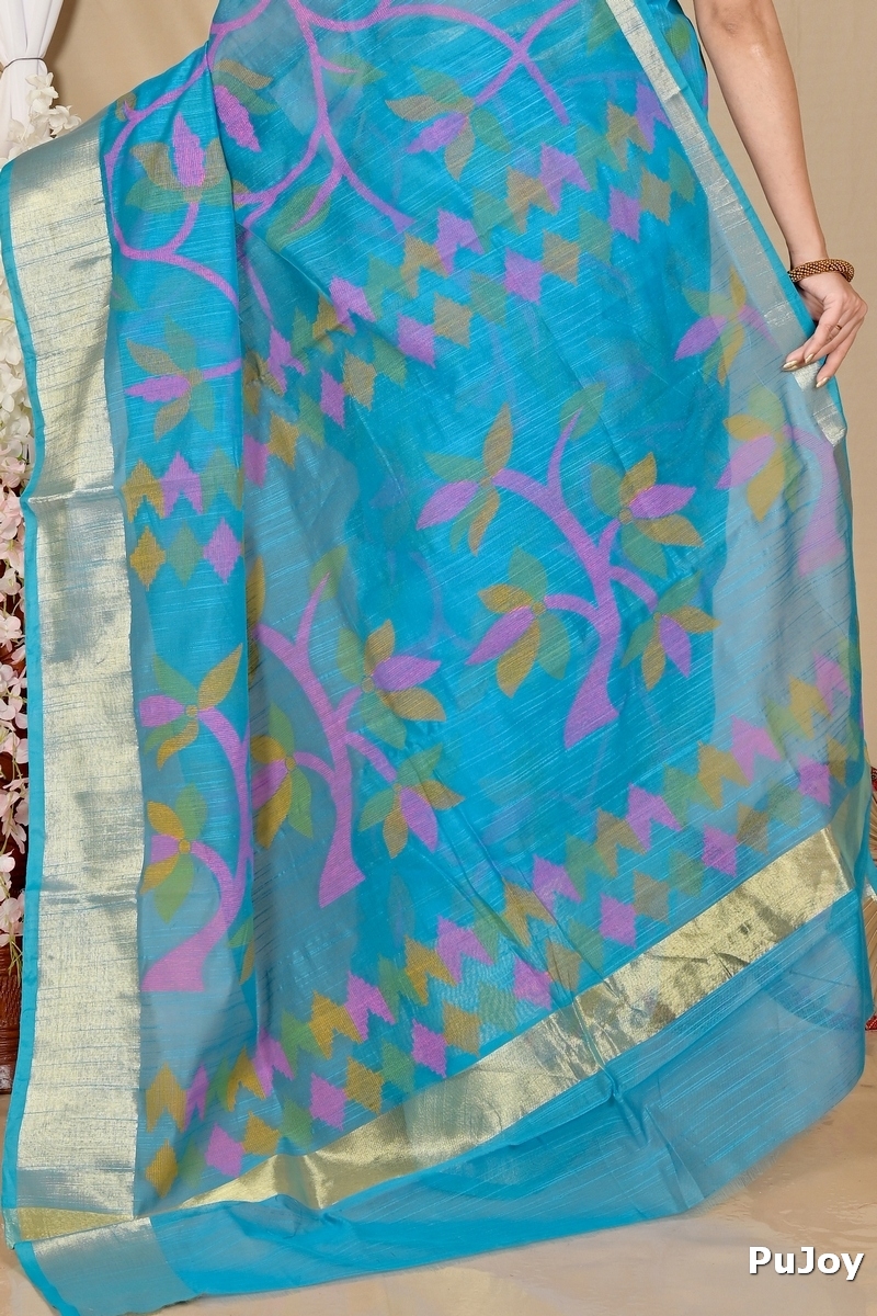 See Blue Blended Cotton Narento Hand Loom Saree (1736)
