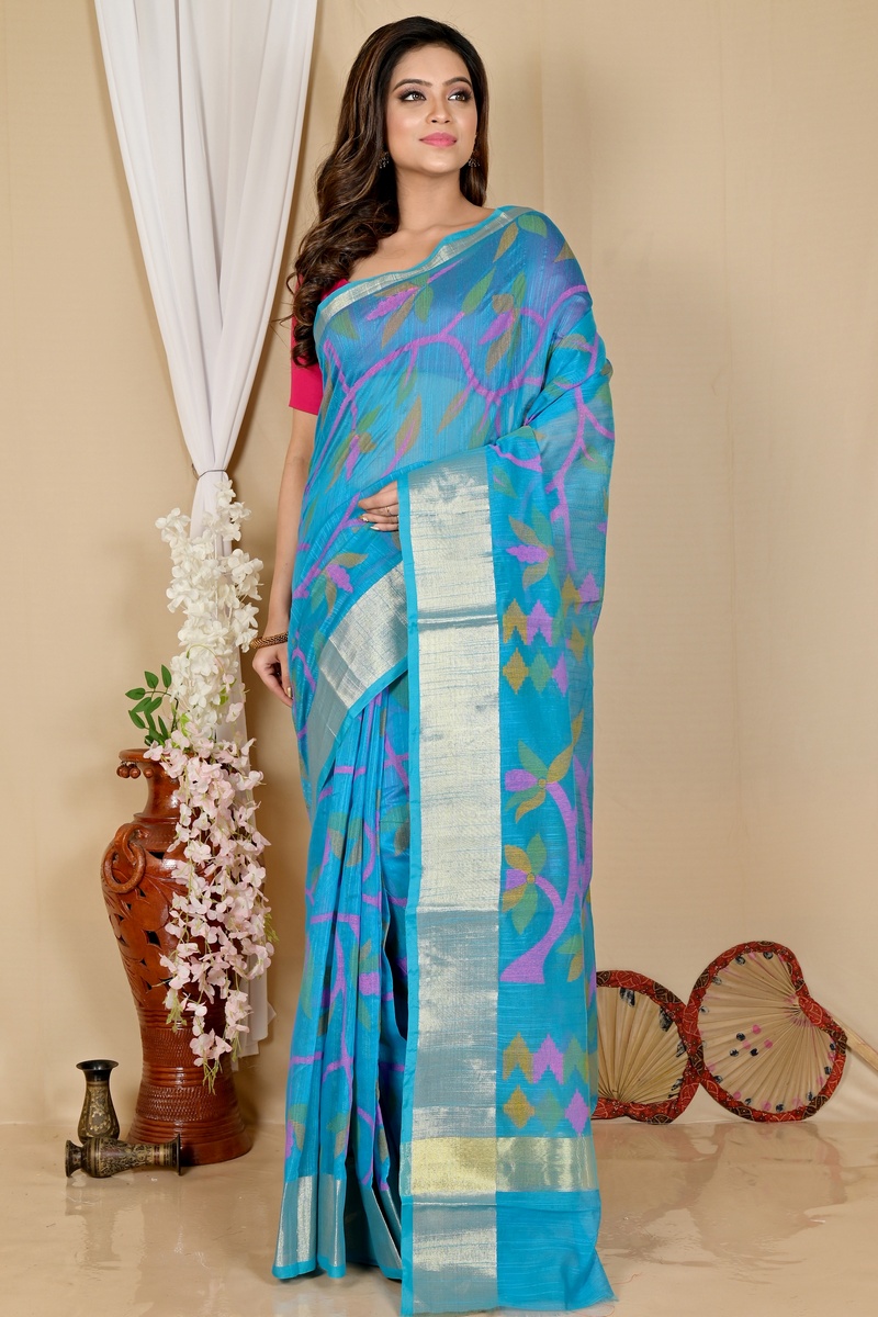 See Blue Blended Cotton Narento Hand Loom Saree (1736)