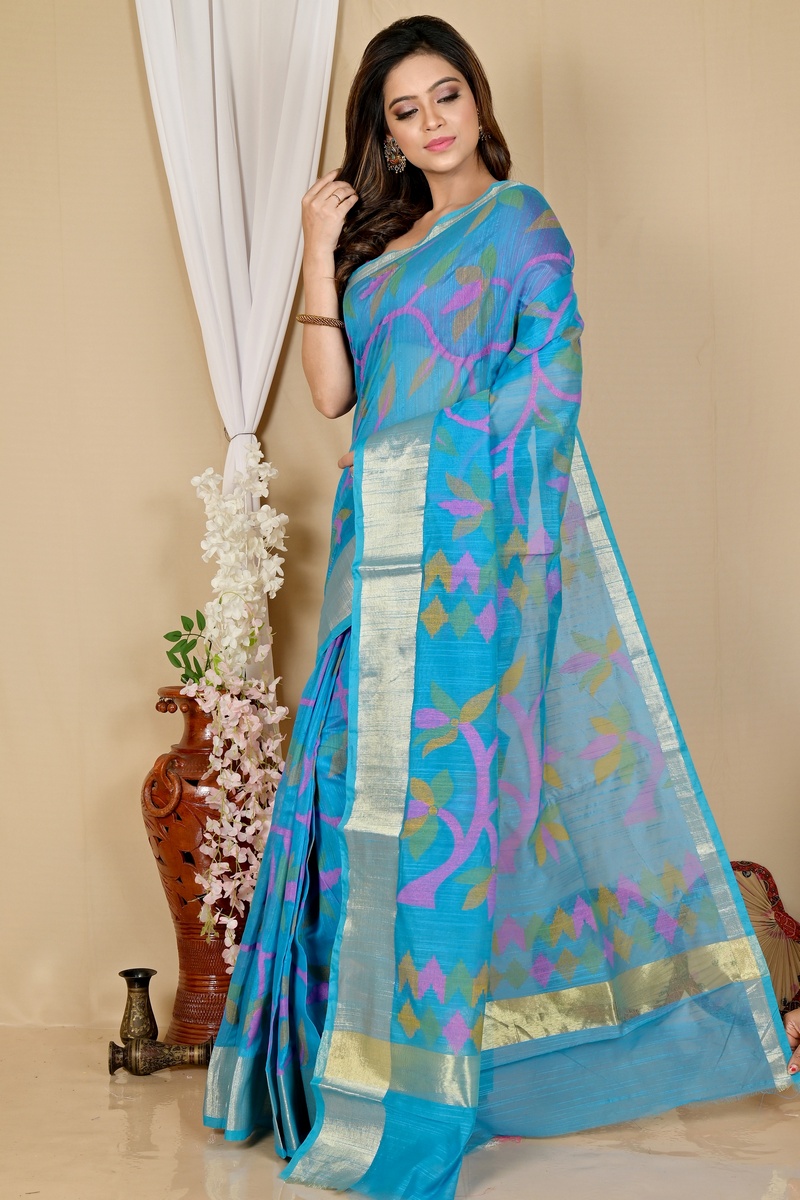 See Blue Blended Cotton Narento Hand Loom Saree (1736)