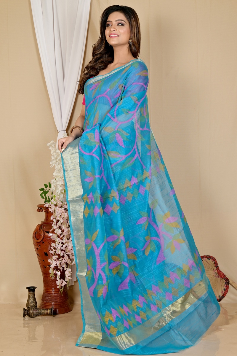 See Blue Blended Cotton Narento Hand Loom Saree (1736)
