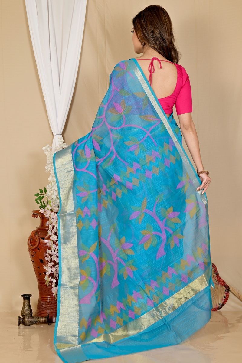 See Blue Blended Cotton Narento Hand Loom Saree (1736)