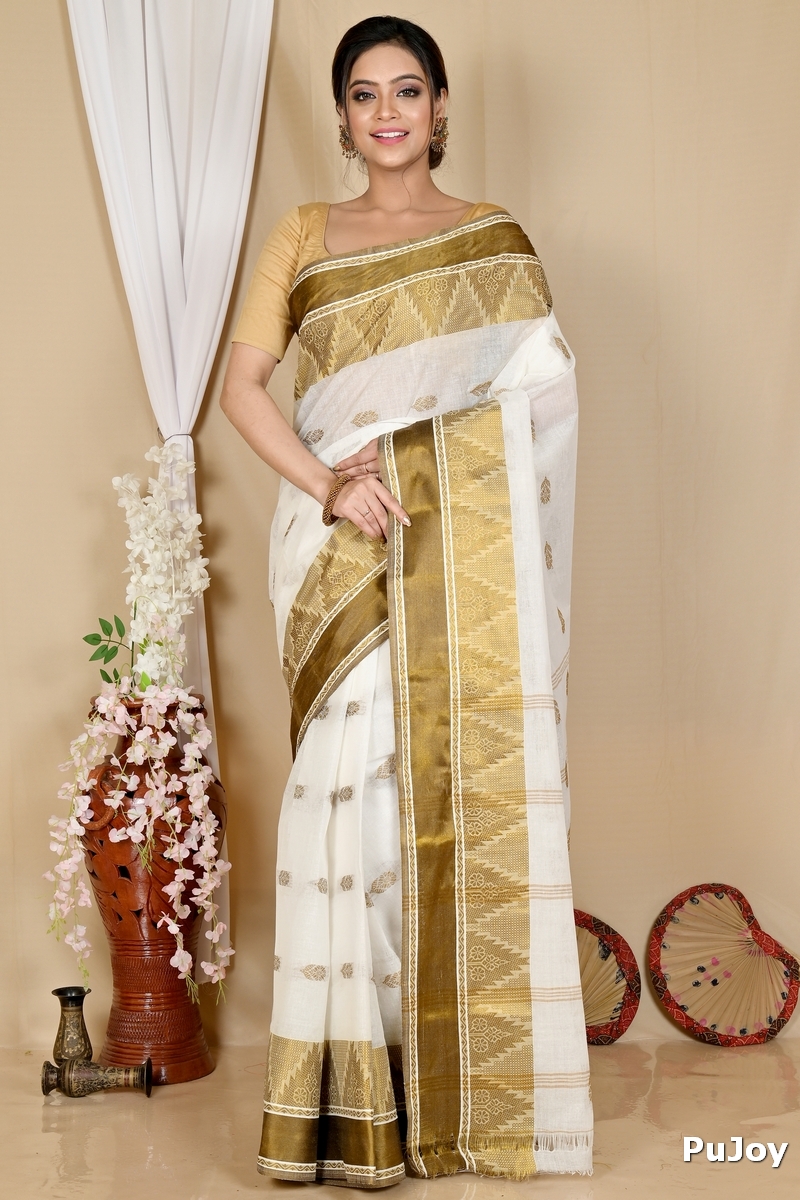 White Brown Pure Cotton Sadasob Tant Saree (1737)