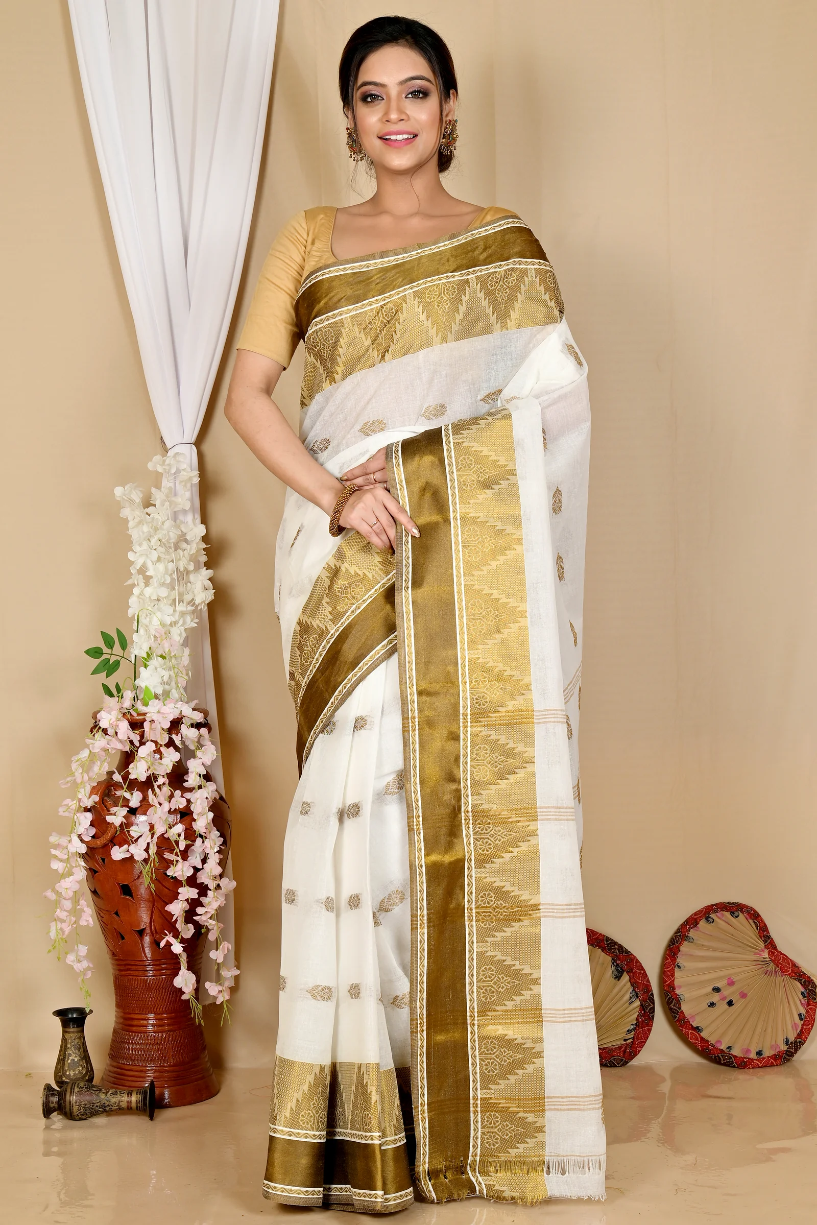 White Brown Pure Cotton Sadasob Tant Saree (1737)
