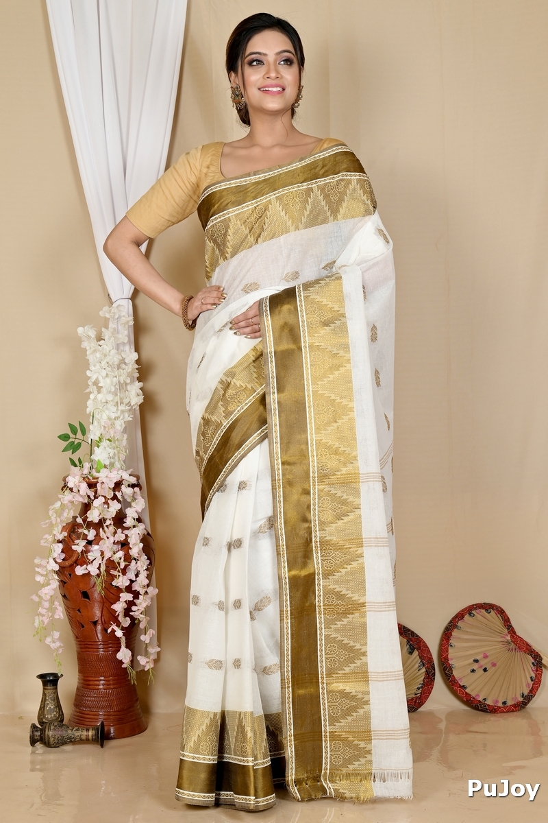 White Brown Pure Cotton Sadasob Tant Saree (1737)