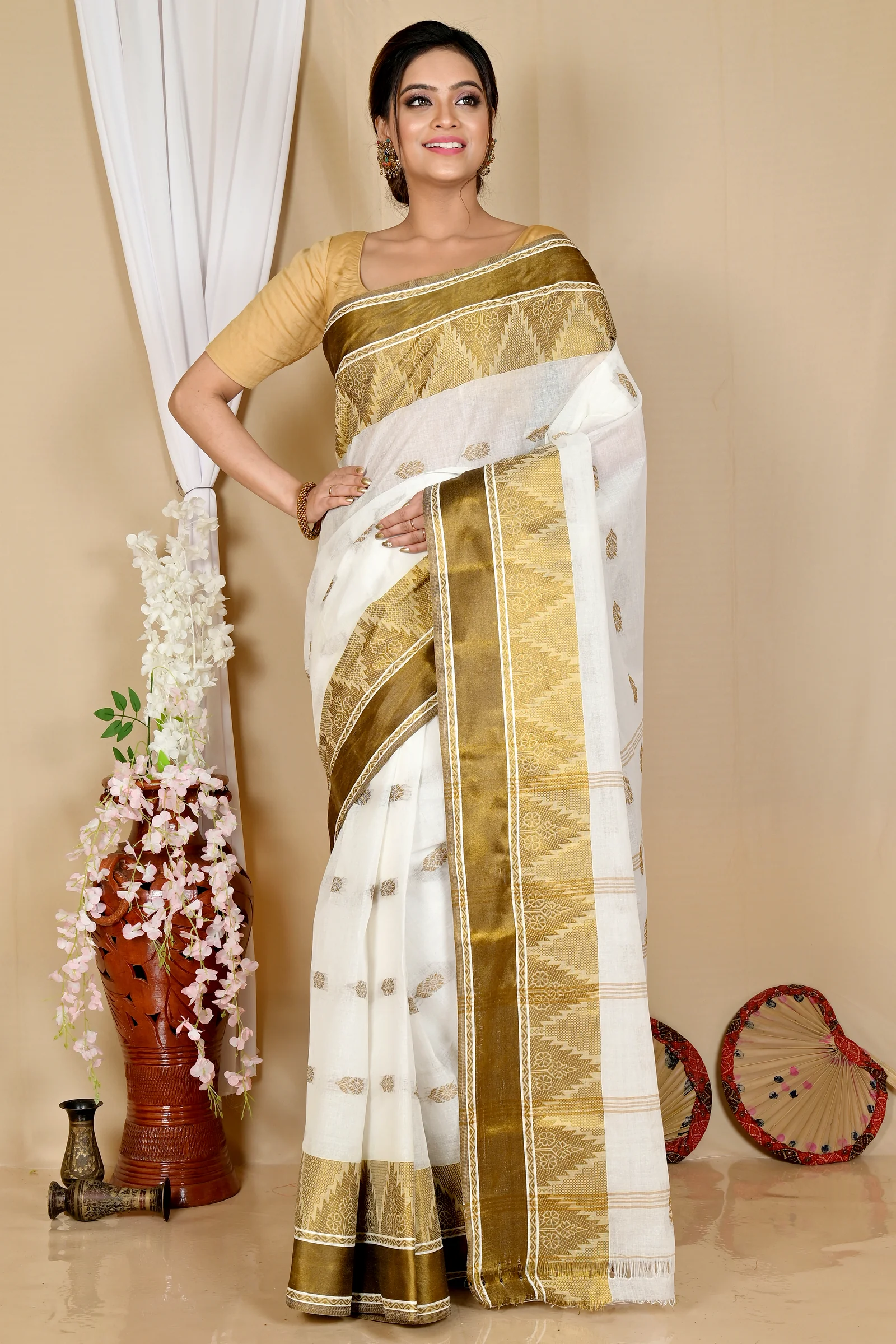 White Brown Pure Cotton Sadasob Tant Saree (1737)