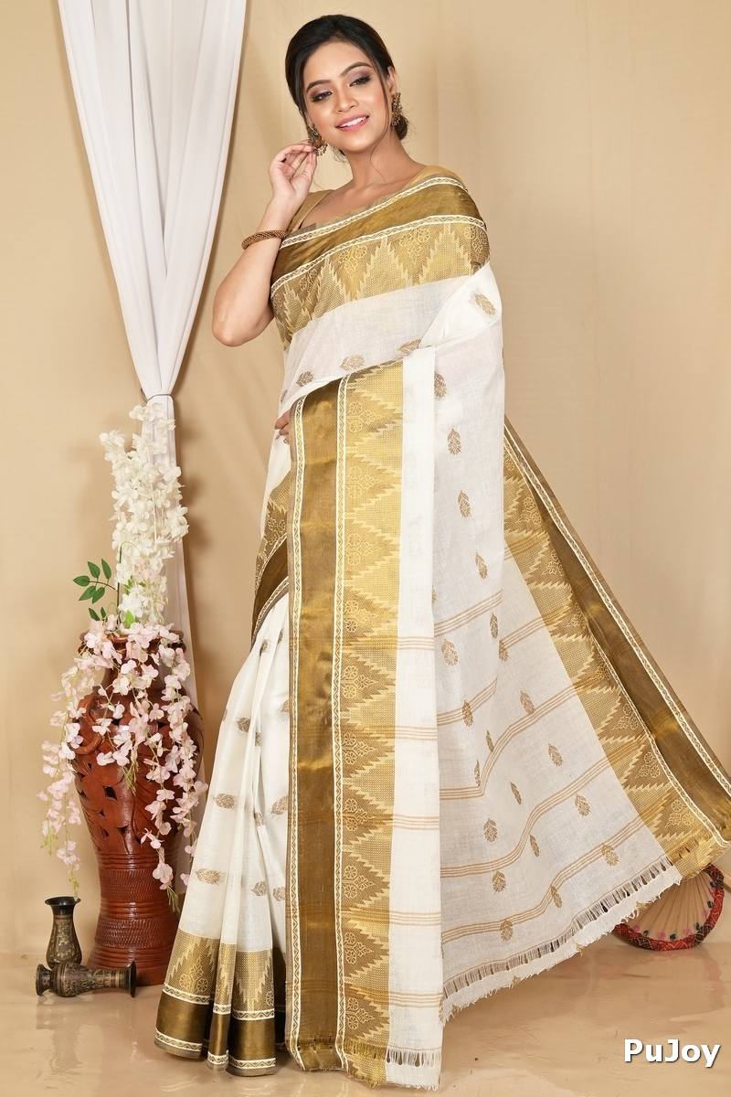 White Brown Pure Cotton Sadasob Tant Saree (1737)