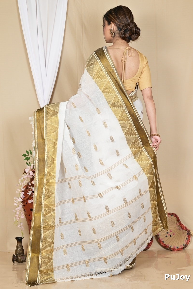 White Brown Pure Cotton Sadasob Tant Saree (1737)