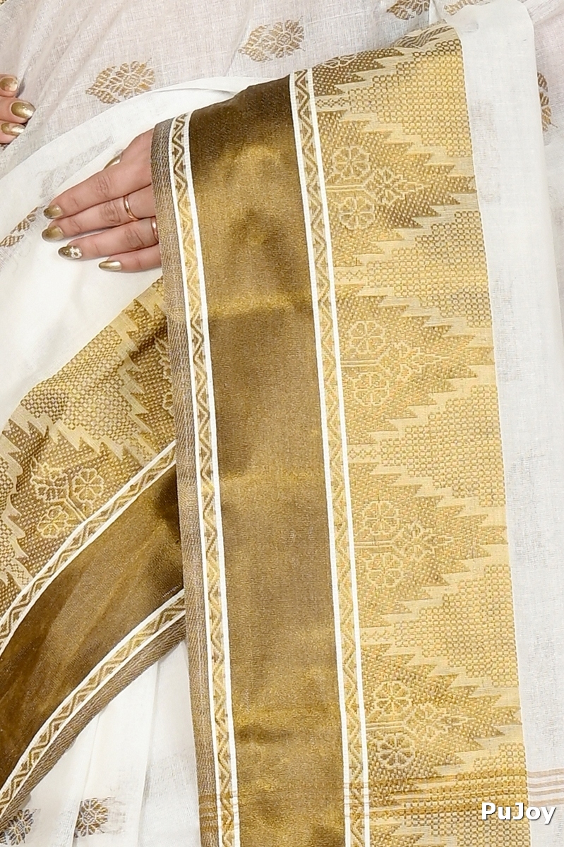 White Brown Pure Cotton Sadasob Tant Saree (1737)