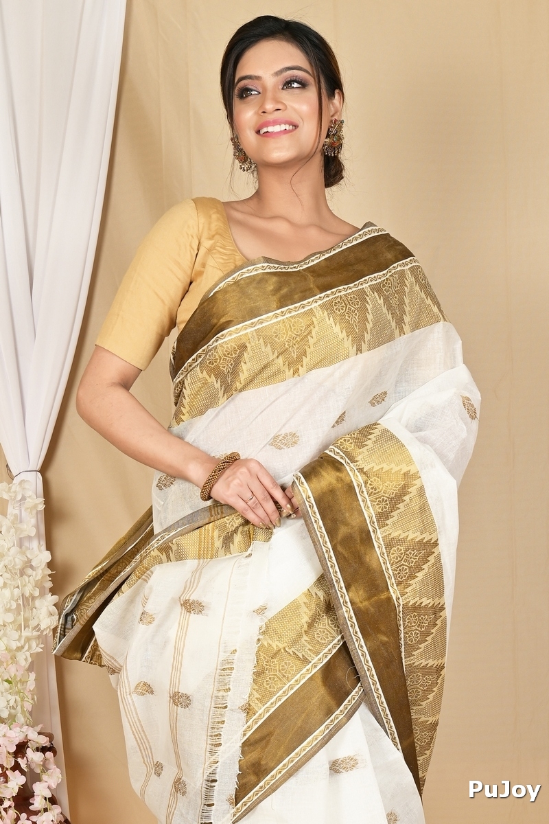 White Brown Pure Cotton Sadasob Tant Saree (1737)