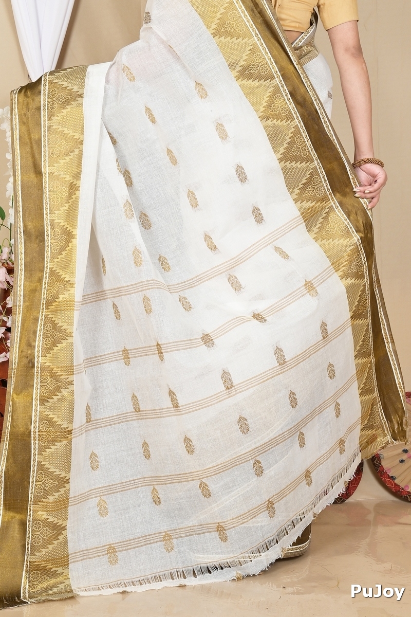 White Brown Pure Cotton Sadasob Tant Saree (1737)