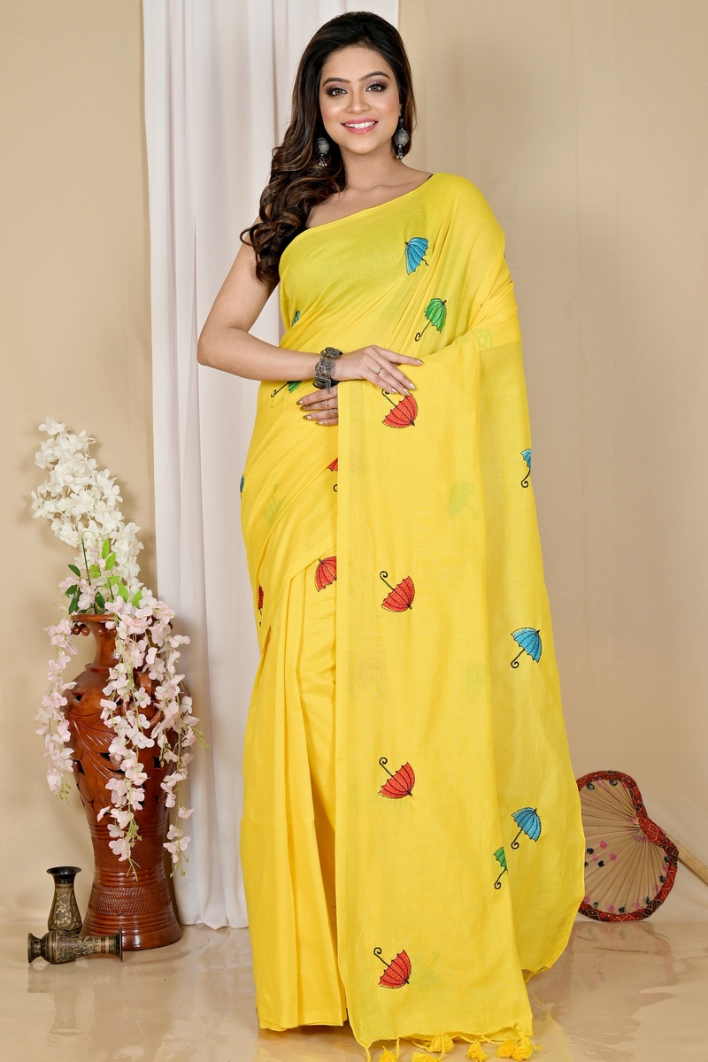 Yellow Pure Cotton Umber Than Embroidery Handloom saree (1738)