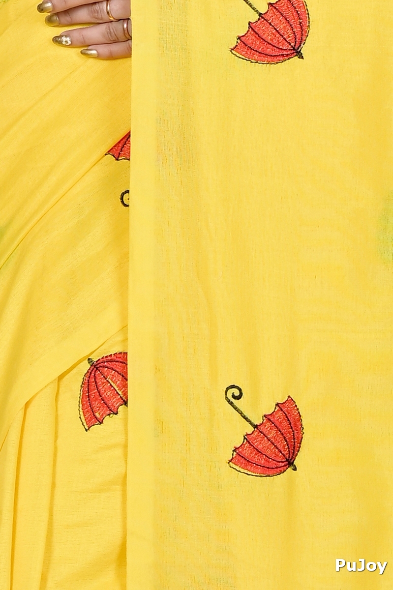 Yellow Pure Cotton Umber Than Embroidery Handloom saree (1738)