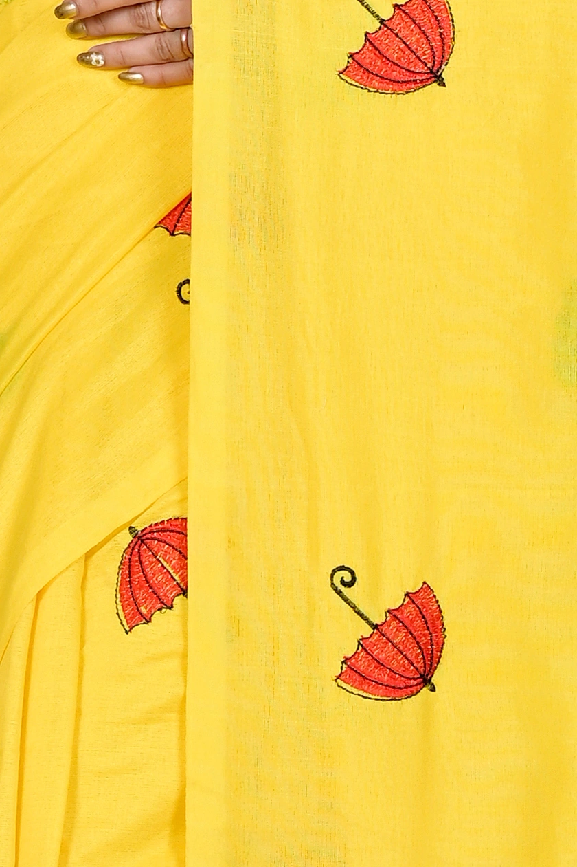 Yellow Pure Cotton Umber Than Embroidery Handloom saree (1738)