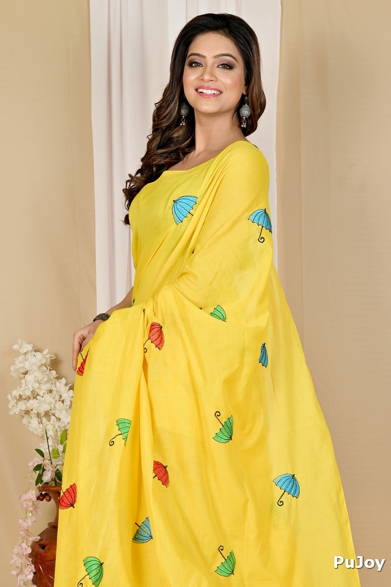 Yellow Pure Cotton Umber Than Embroidery Handloom saree (1738)