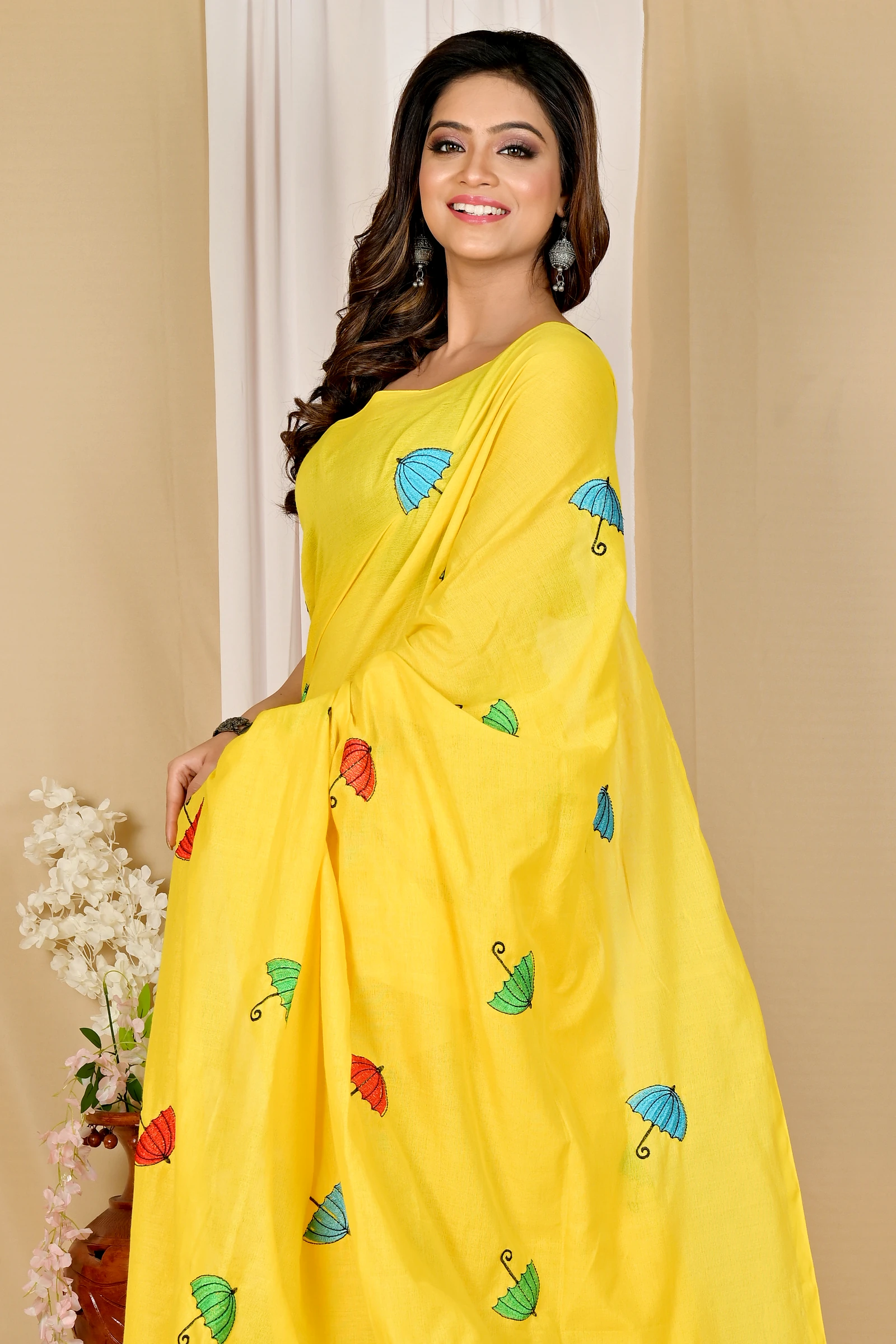 Yellow Pure Cotton Umber Than Embroidery Handloom saree (1738)
