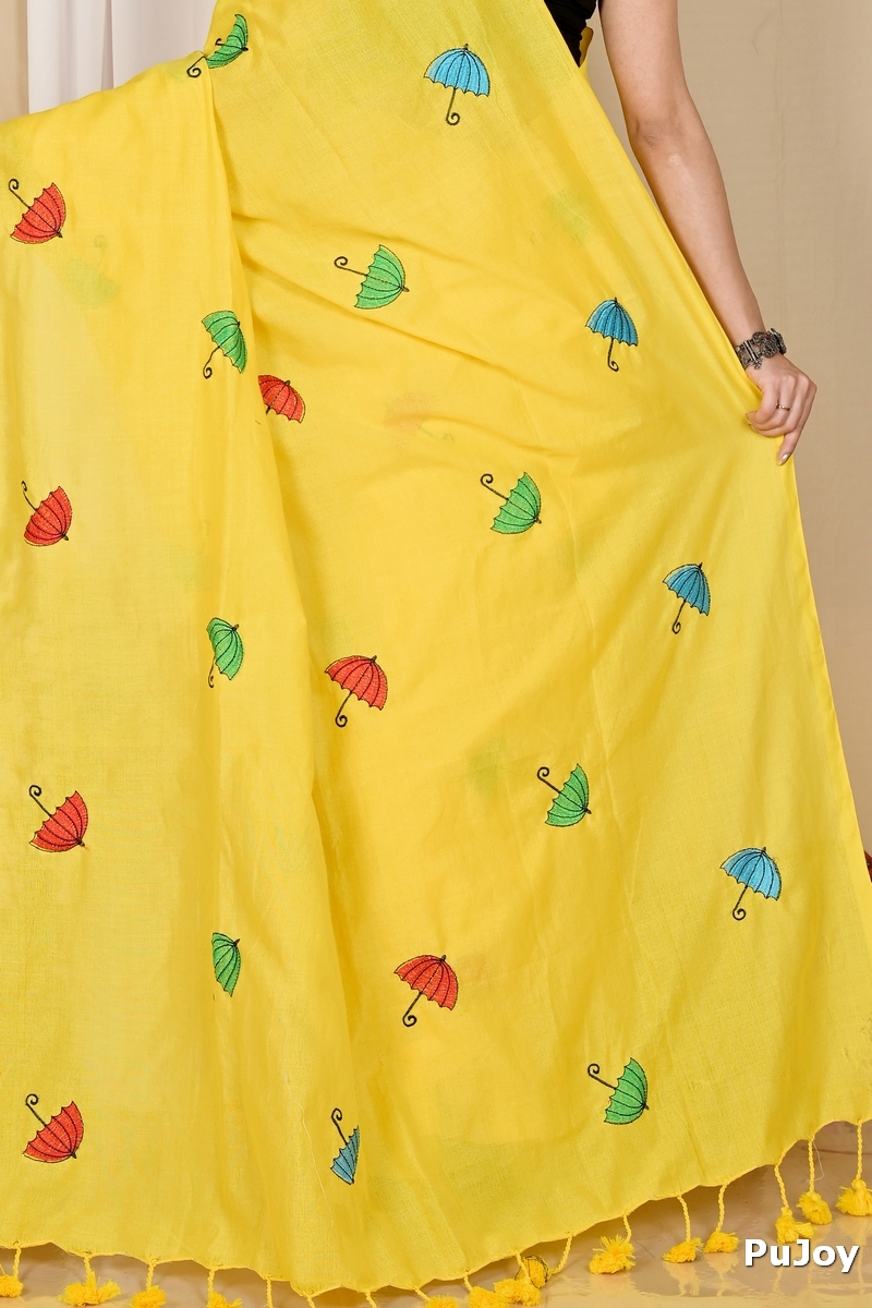 Yellow Pure Cotton Umber Than Embroidery Handloom saree (1738)