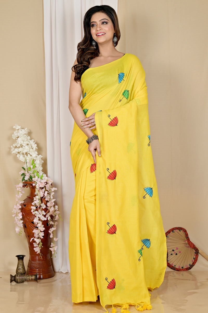 Yellow Pure Cotton Umber Than Embroidery Handloom saree (1738)