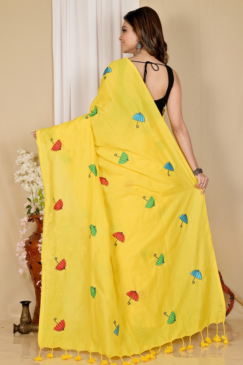 Yellow Pure Cotton Umber Than Embroidery Handloom saree (1738)