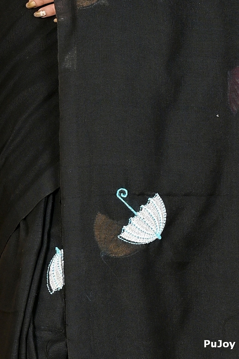 Black Pure Cotton Umber Than Embroidery Handloom saree (1739)