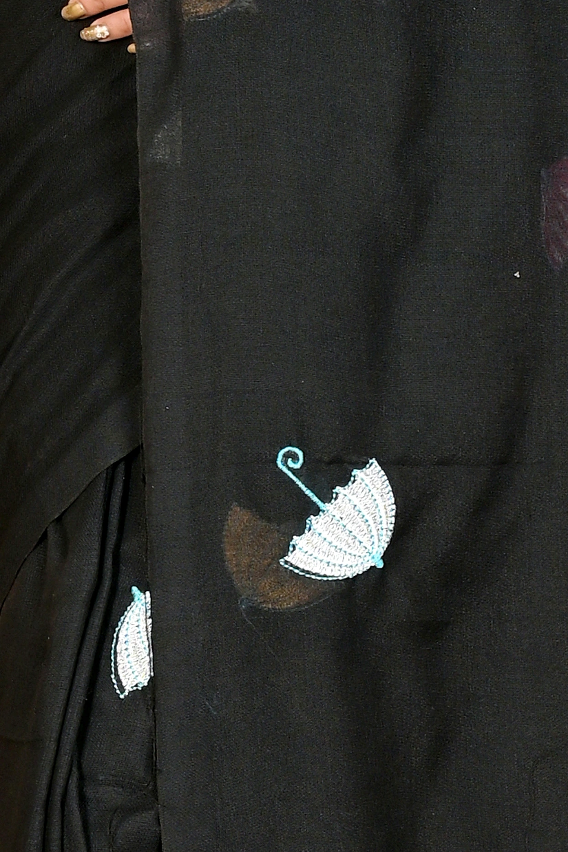 Black Pure Cotton Umber Than Embroidery Handloom saree (1739)