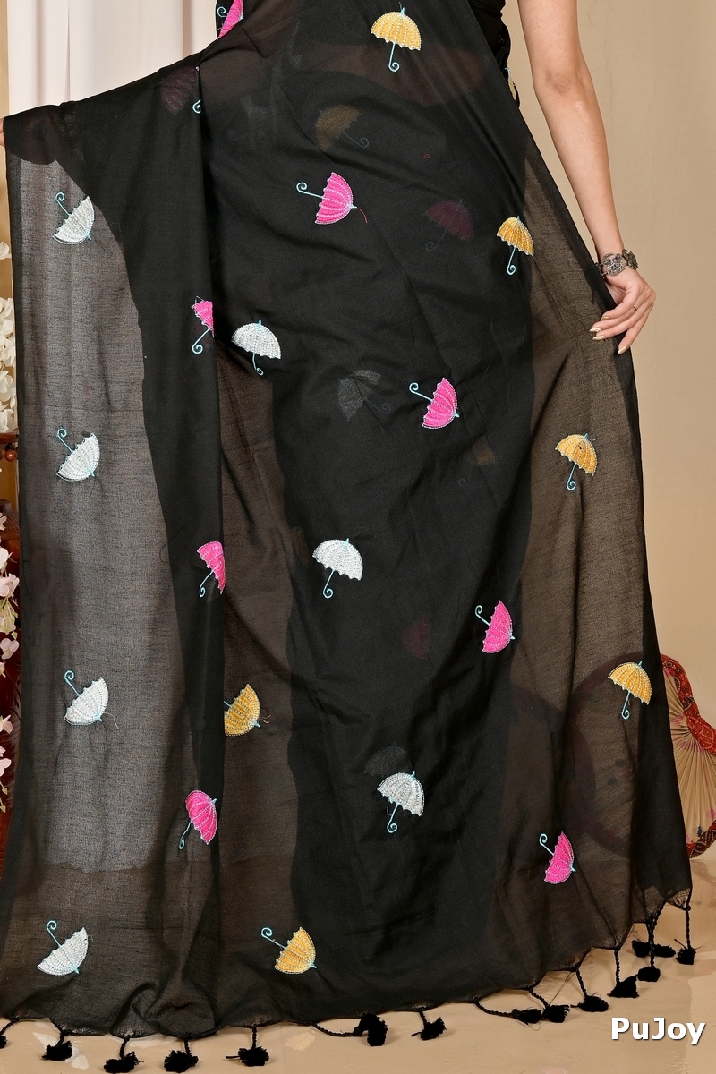 Black Pure Cotton Umber Than Embroidery Handloom saree (1739)