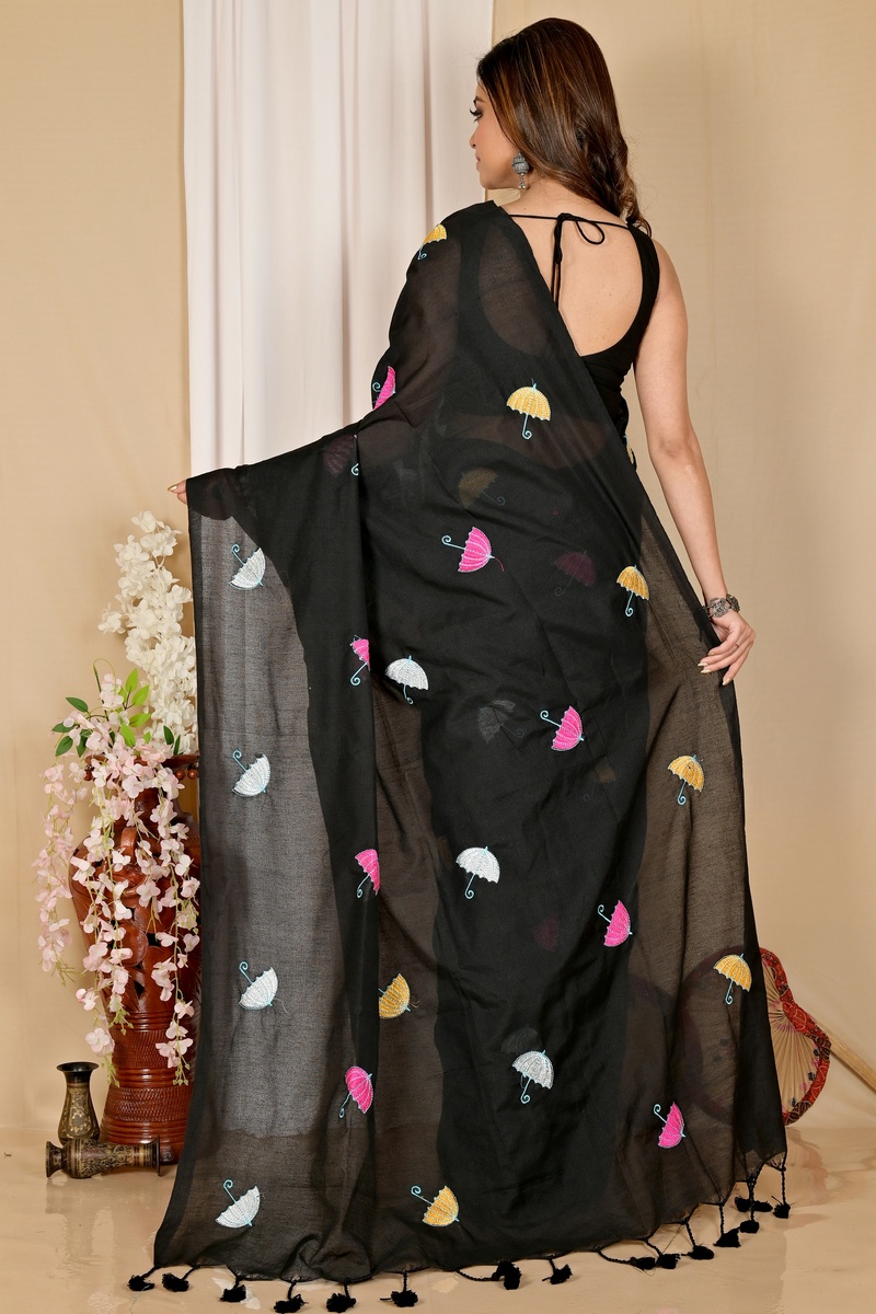 Black Pure Cotton Umber Than Embroidery Handloom saree (1739)