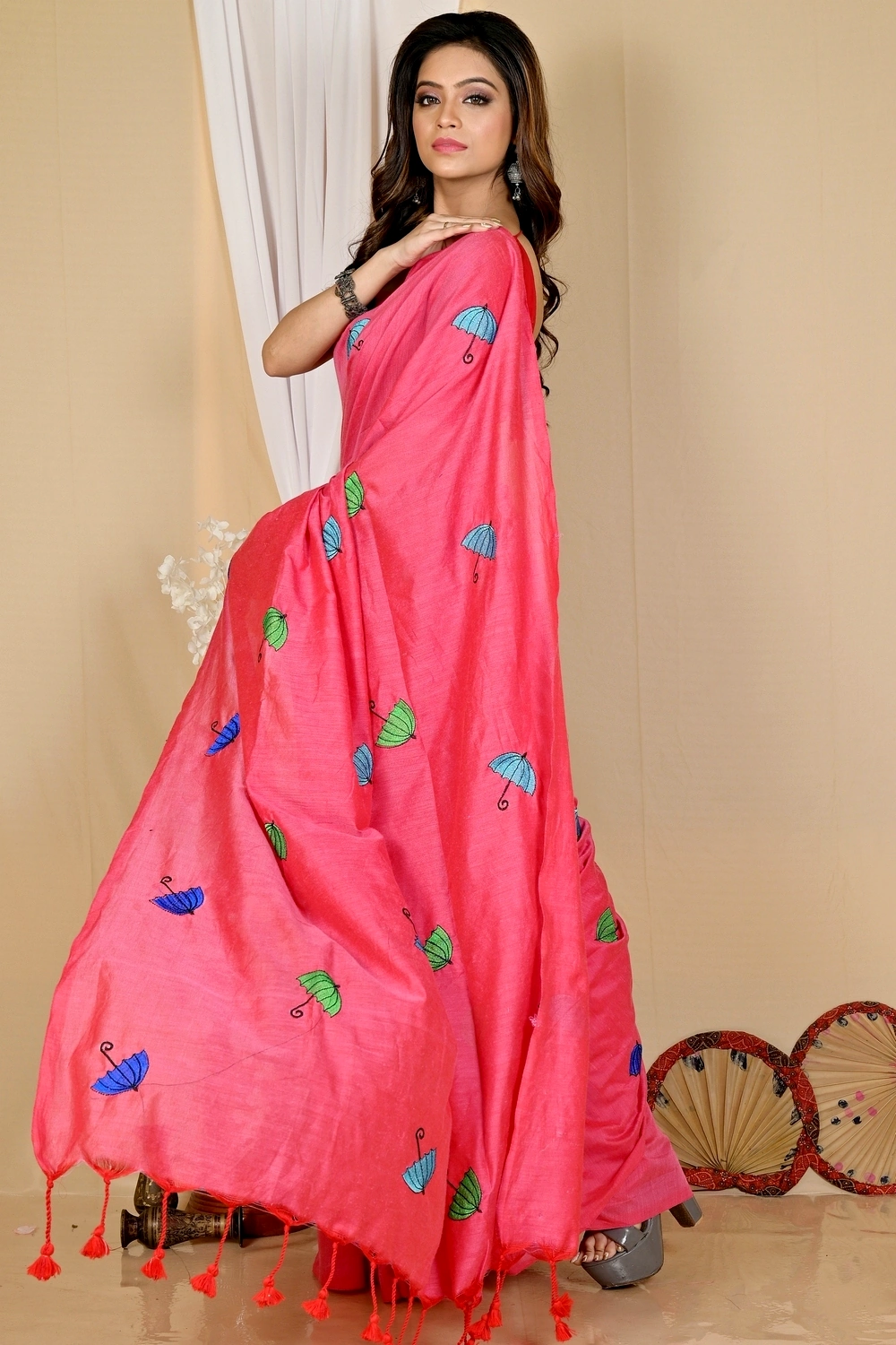 Dark Pink Pure Cotton Umber Than Embroidery Handloom saree (1740)