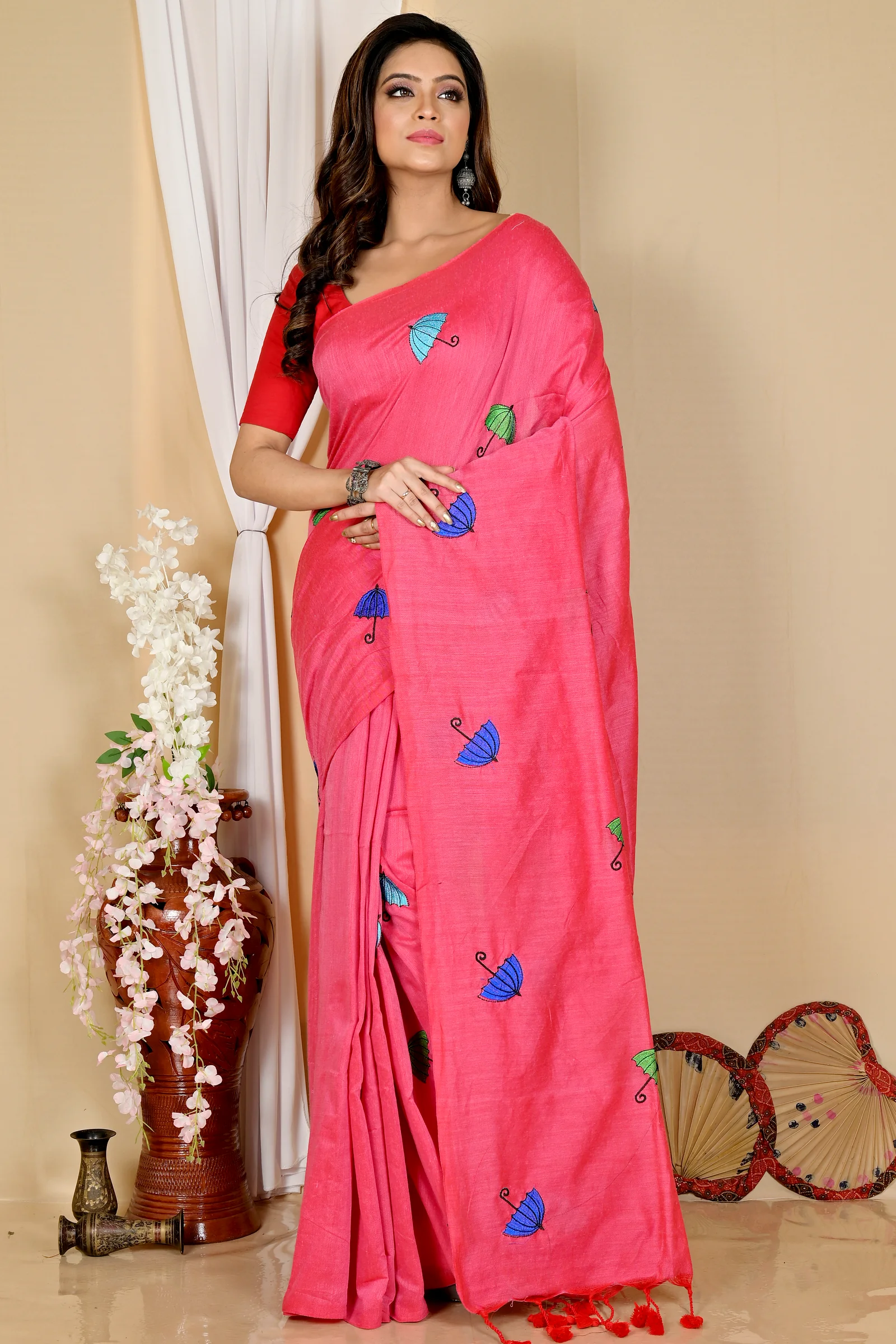 Dark Pink Pure Cotton Umber Than Embroidery Handloom saree (1740)