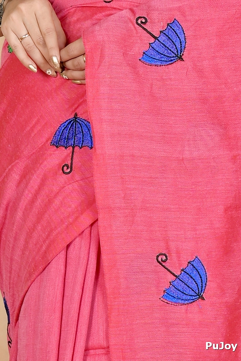 Dark Pink Pure Cotton Umber Than Embroidery Handloom saree (1740)