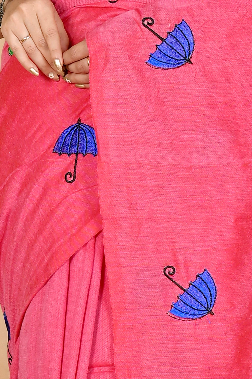 Dark Pink Pure Cotton Umber Than Embroidery Handloom saree (1740)