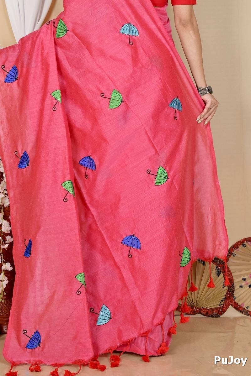 Dark Pink Pure Cotton Umber Than Embroidery Handloom saree (1740)