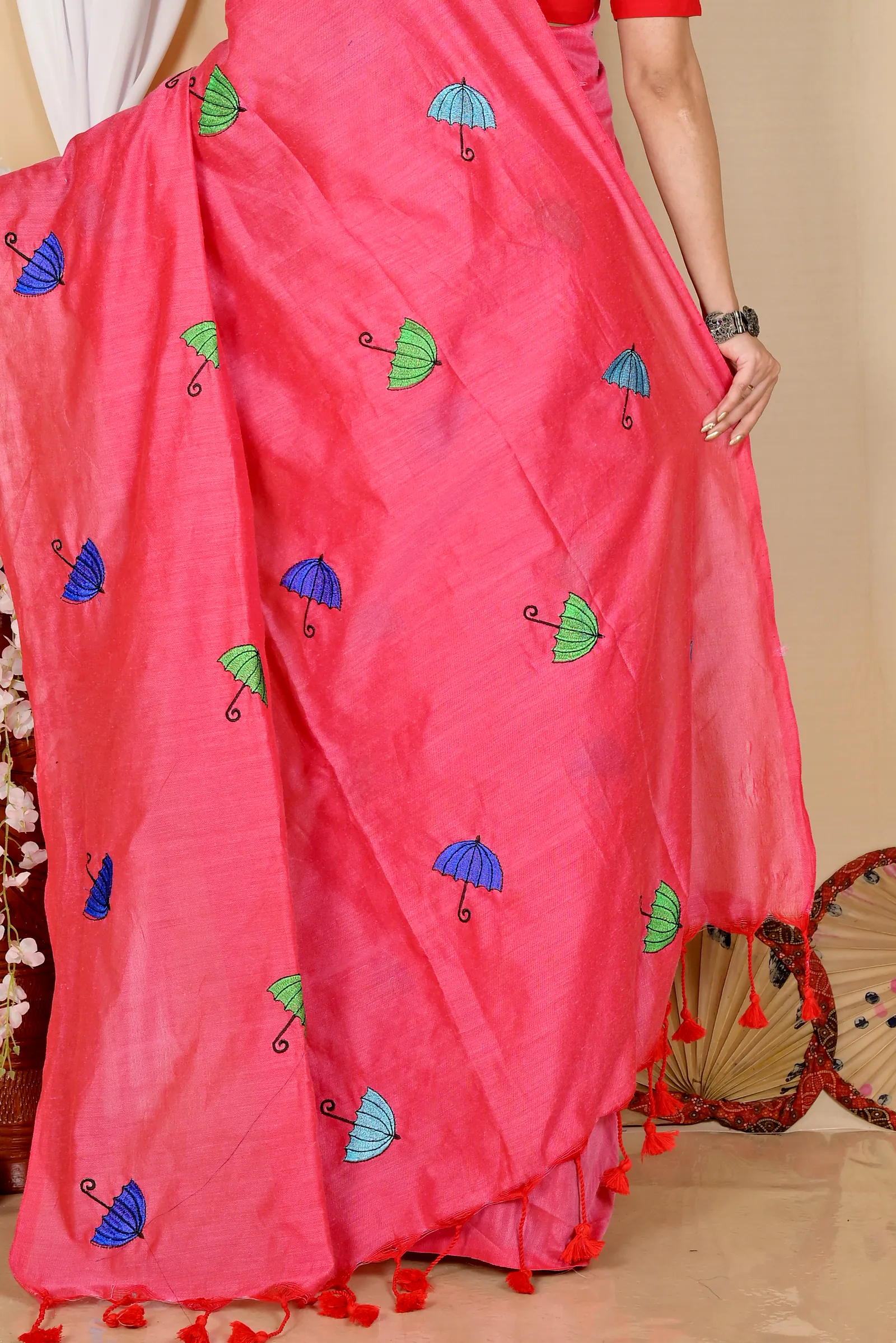 Dark Pink Pure Cotton Umber Than Embroidery Handloom saree (1740)