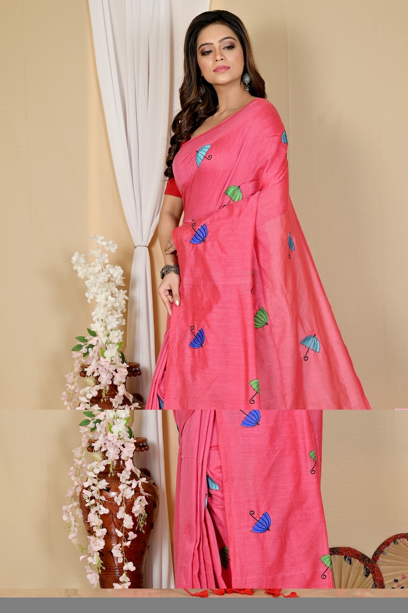 Dark Pink Pure Cotton Umber Than Embroidery Handloom saree (1740)