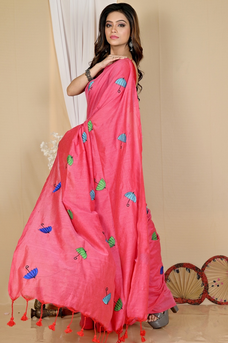 Dark Pink Pure Cotton Umber Than Embroidery Handloom saree (1740)