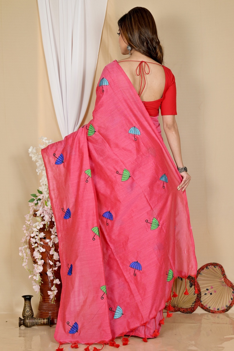 Dark Pink Pure Cotton Umber Than Embroidery Handloom saree (1740)