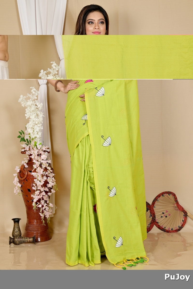 See Green Pure Cotton Umber Than Embroidery Handloom saree (1741)