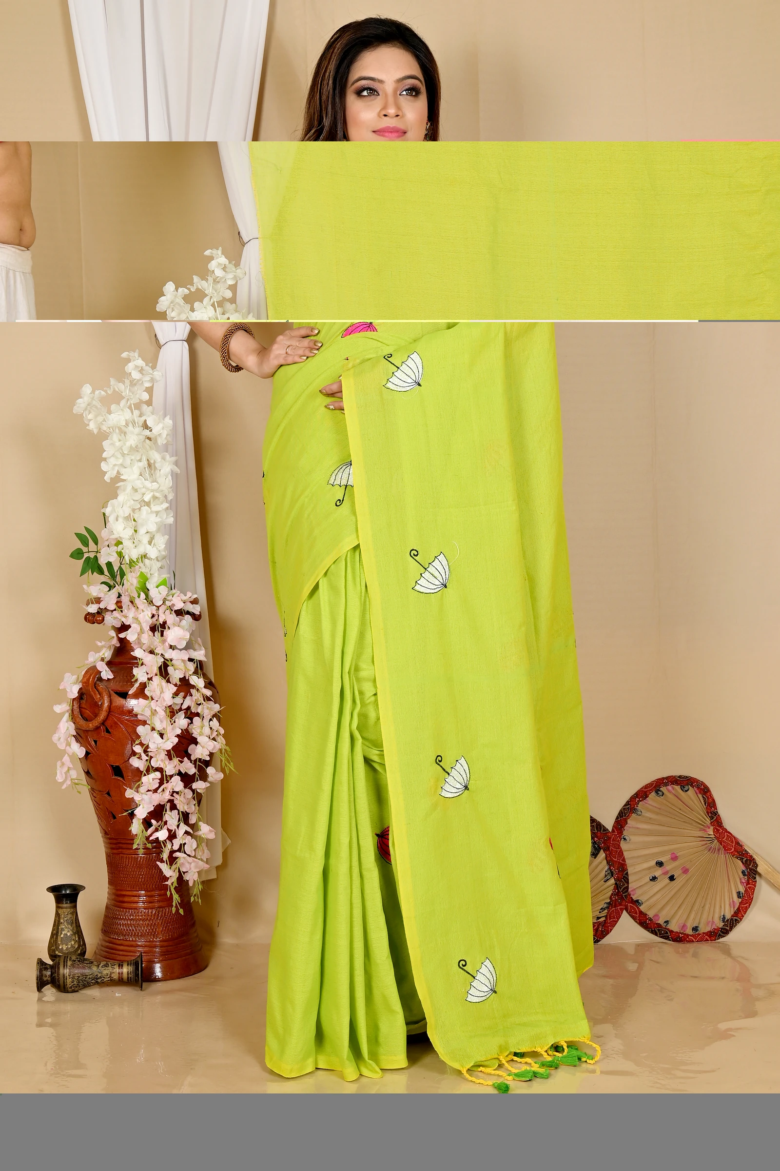 See Green Pure Cotton Umber Than Embroidery Handloom saree (1741)