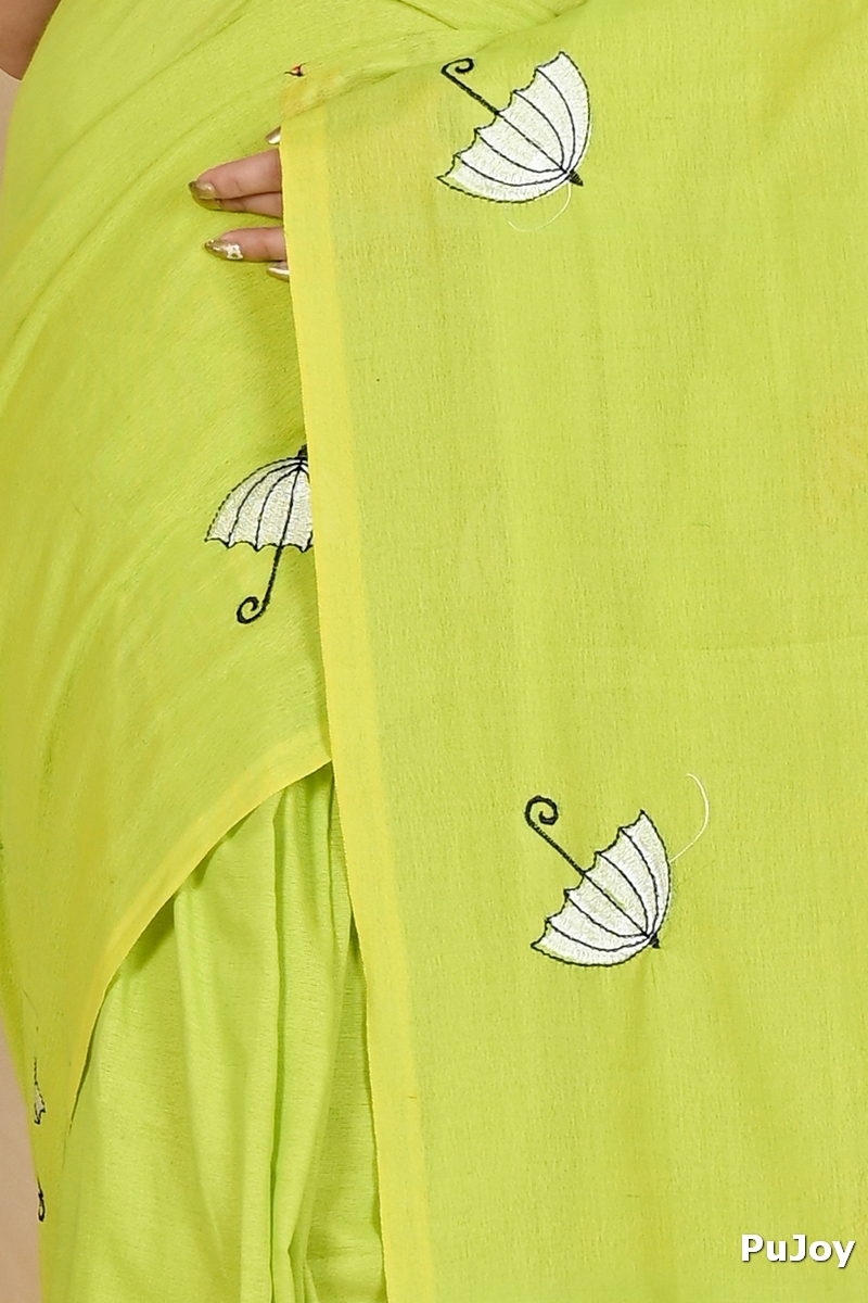 See Green Pure Cotton Umber Than Embroidery Handloom saree (1741)