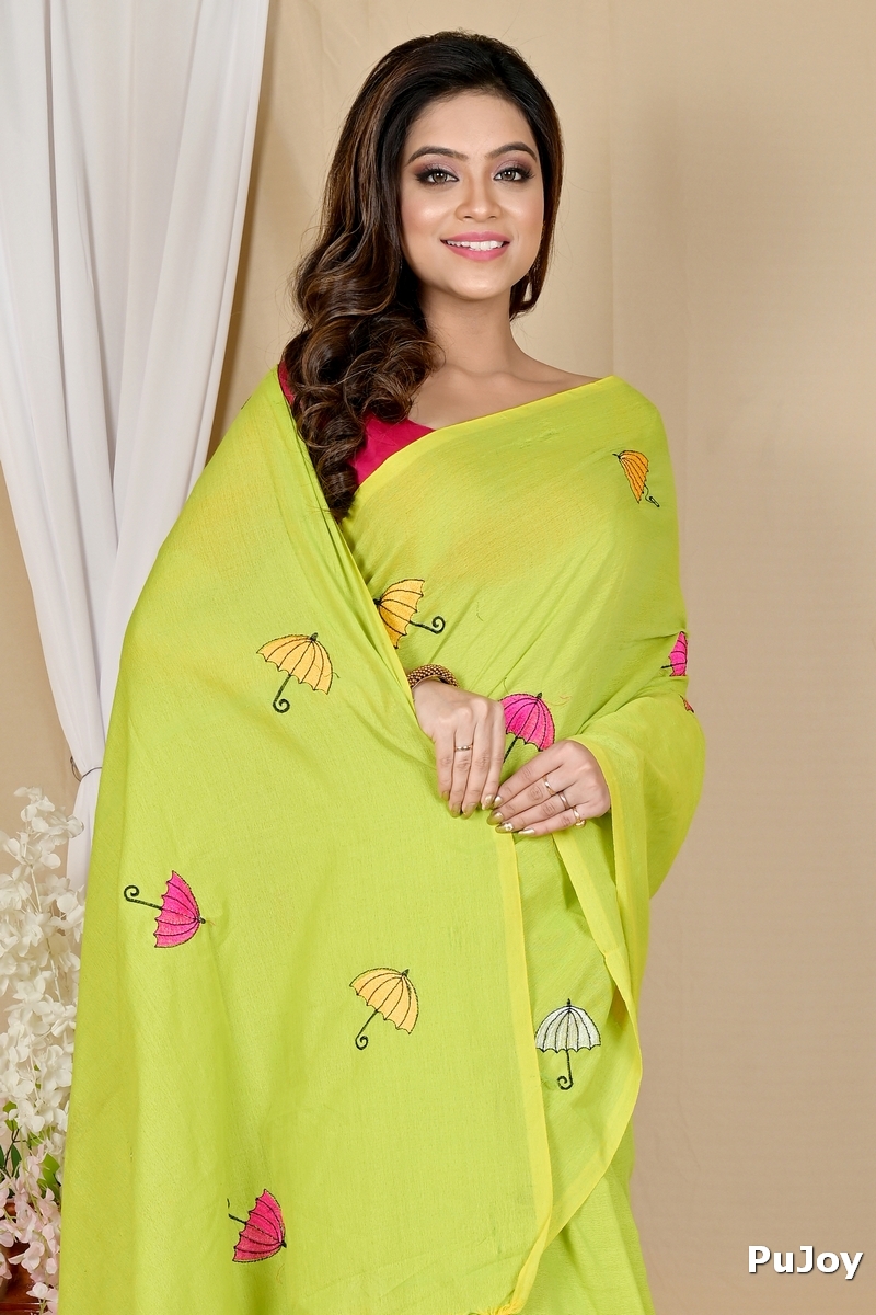 See Green Pure Cotton Umber Than Embroidery Handloom saree (1741)