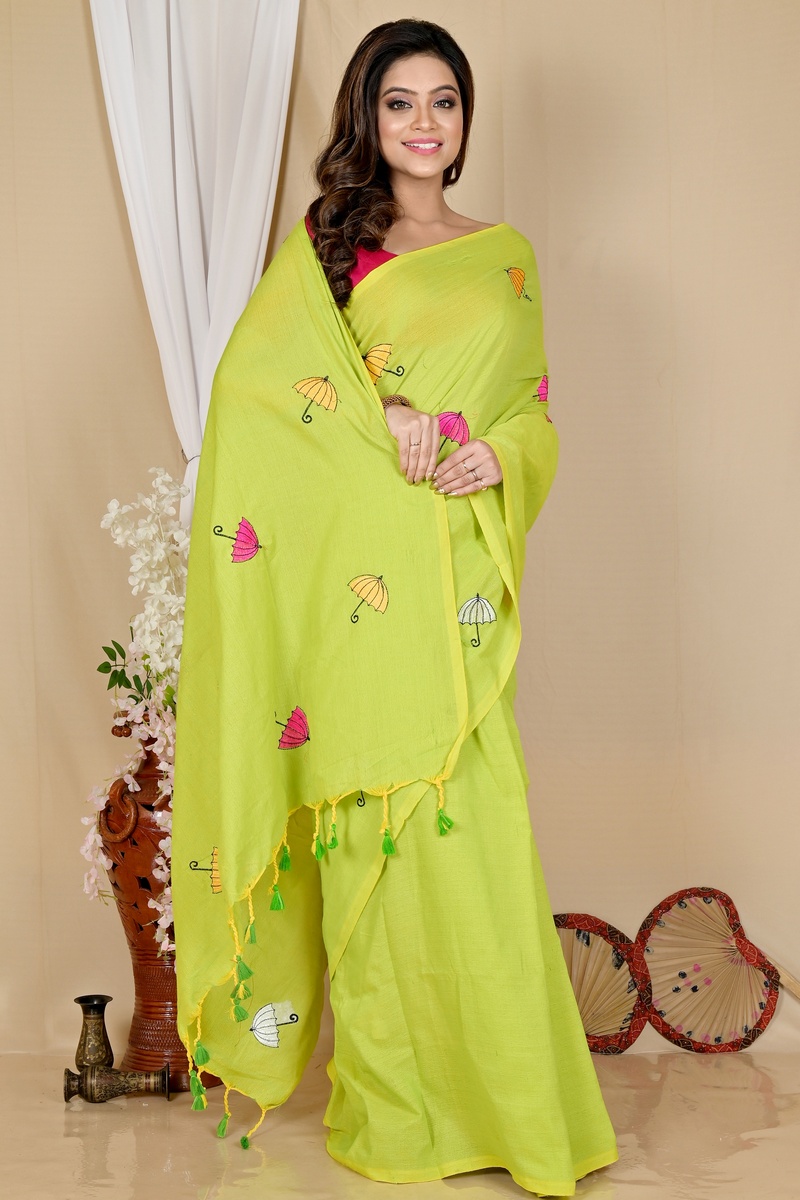 See Green Pure Cotton Umber Than Embroidery Handloom saree (1741)